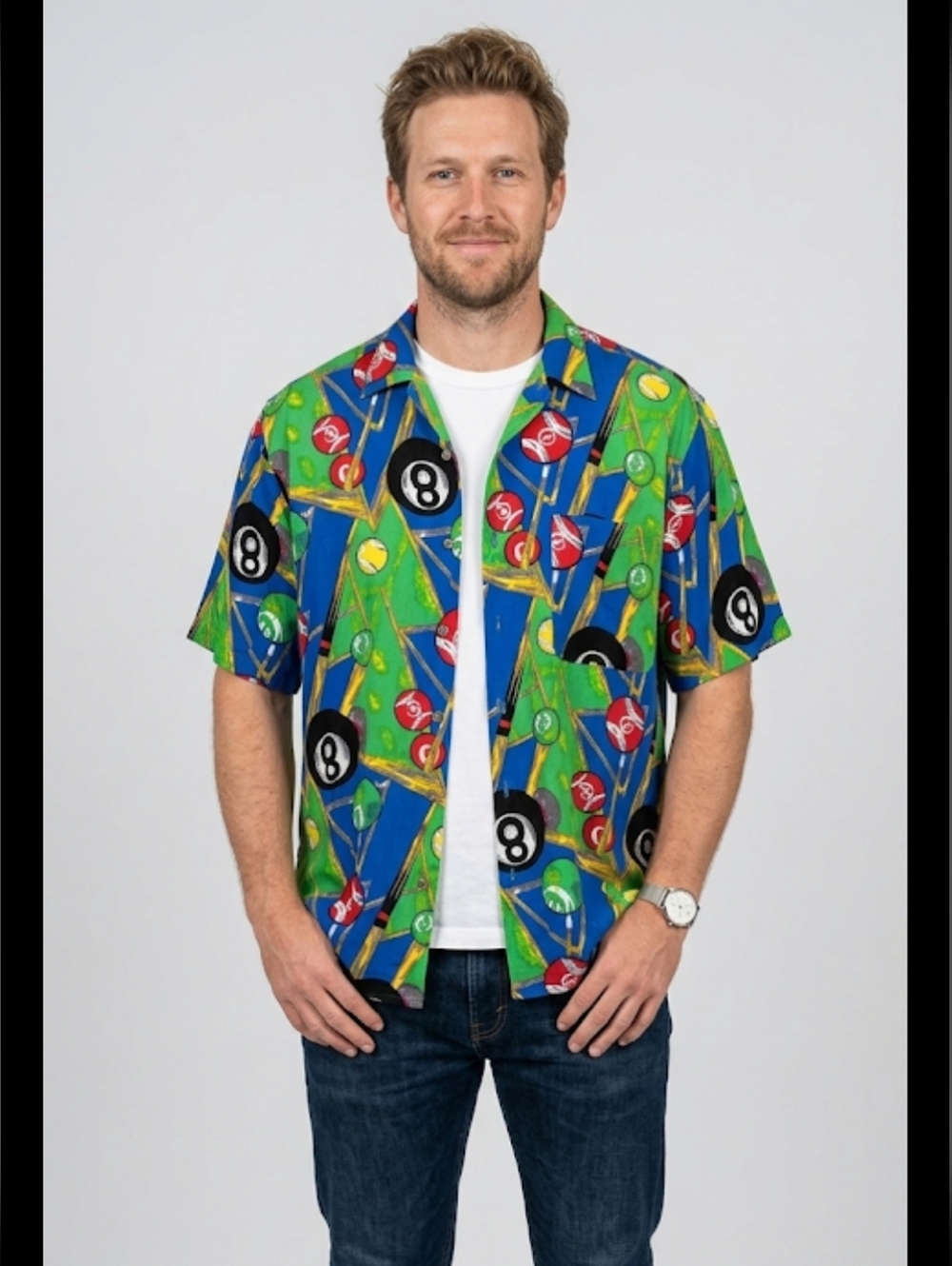 Next Exit Billiards Pool AOP Button Down Short Sleeve Shirt Men's Size Medium